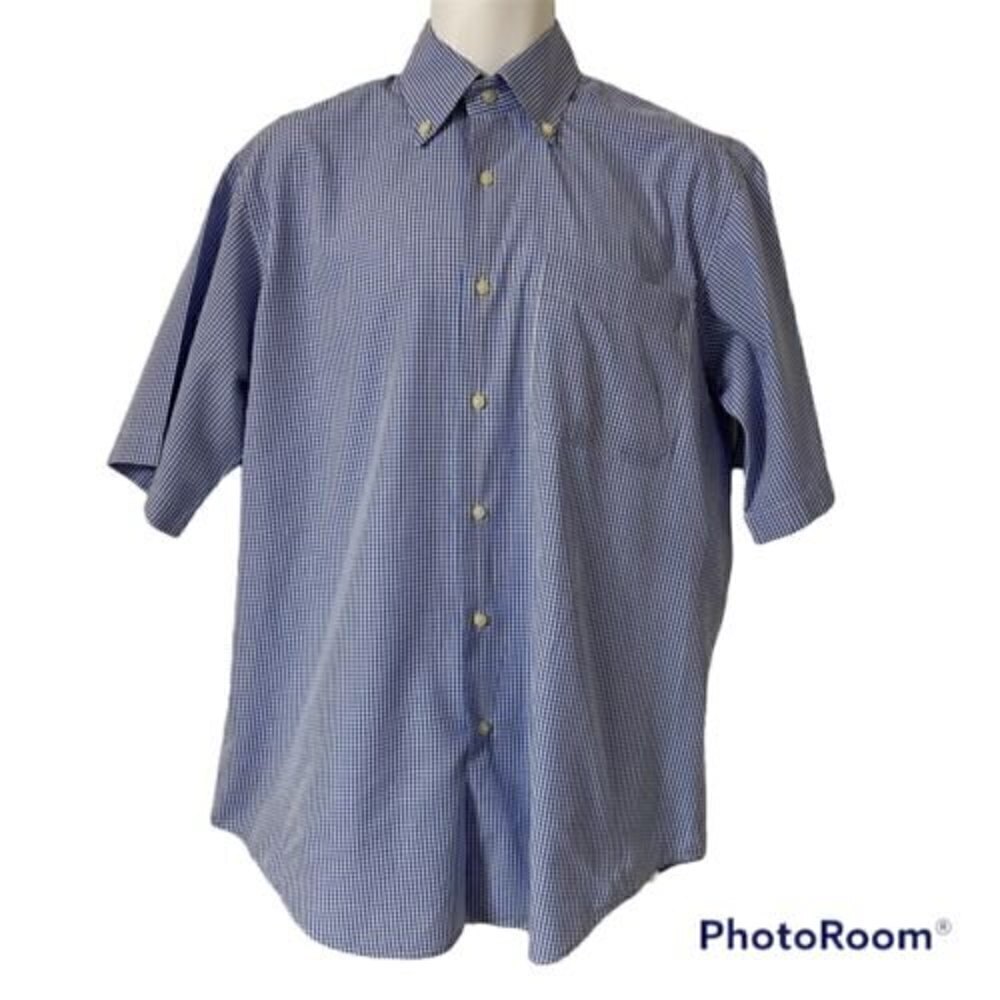 Peter Millar Men's Shirt Medium Blue Gingham Plaid Cotton Short Sleeve